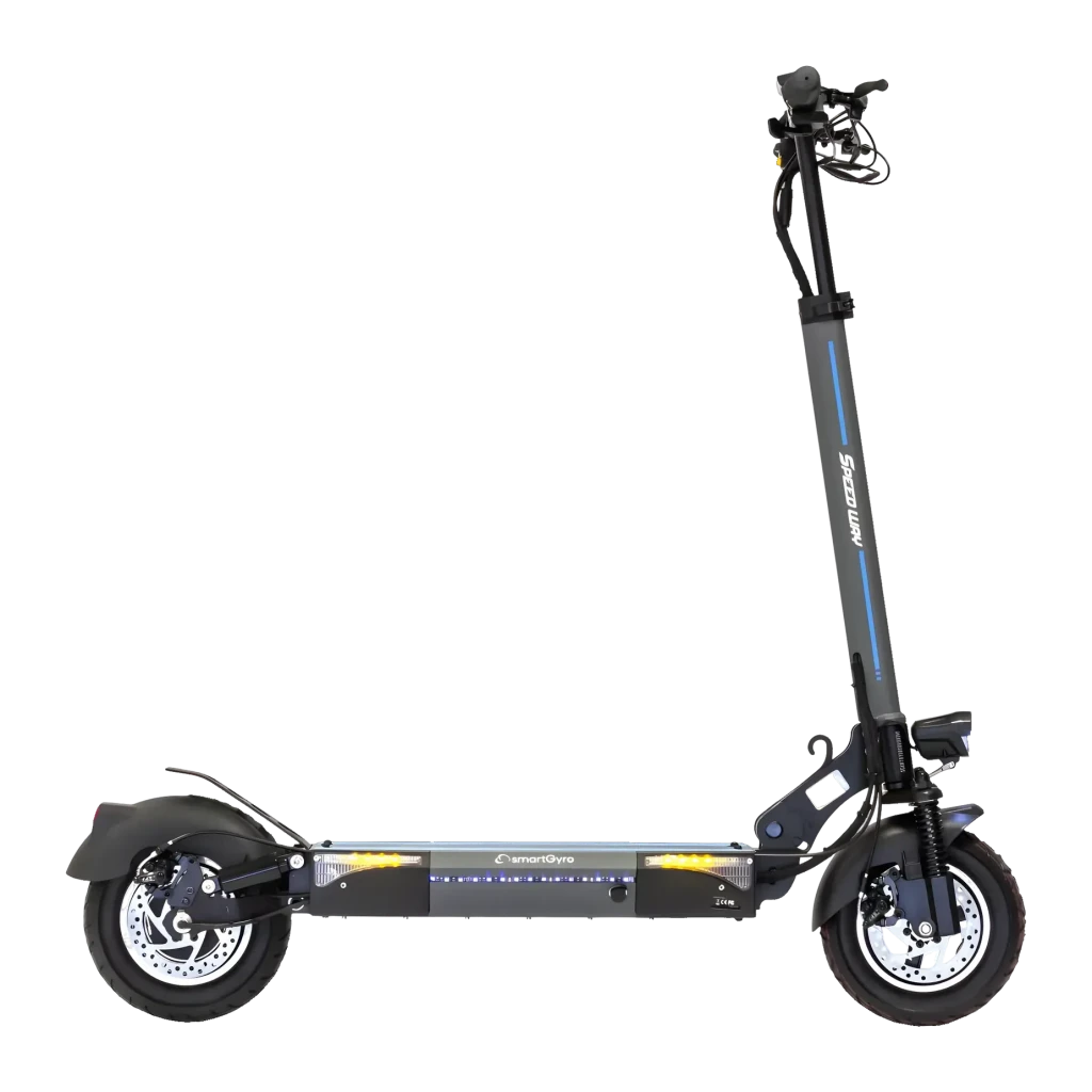 Patinete eléctrico smartGyro SpeedWay V2.0 800W 45km/h 10 pulgadas Negro/Azul, detalle lateral: frenos de disco, luces LED
