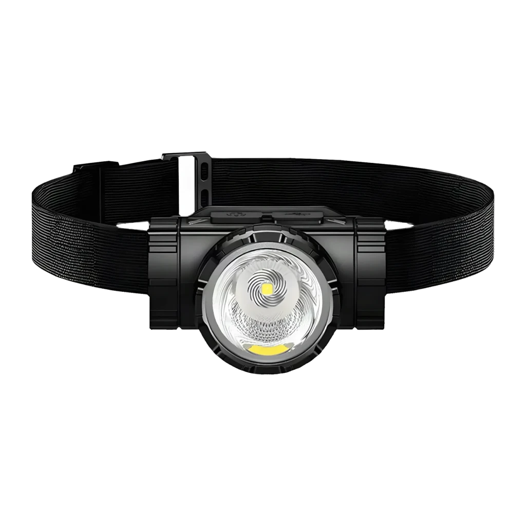 Linterna frontal LED Superfire HL96 Negro Recargable 100lm 220 m, vista frontal: lente circular con LED central y COB