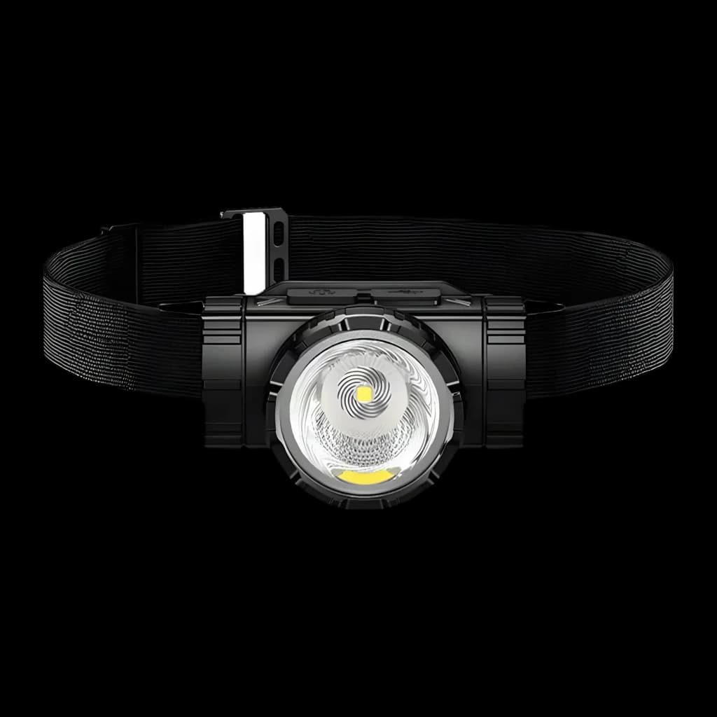 Linterna frontal LED Superfire HL96 Negro Recargable 100lm 220 m, vista frontal: lente circular con LED central y COB