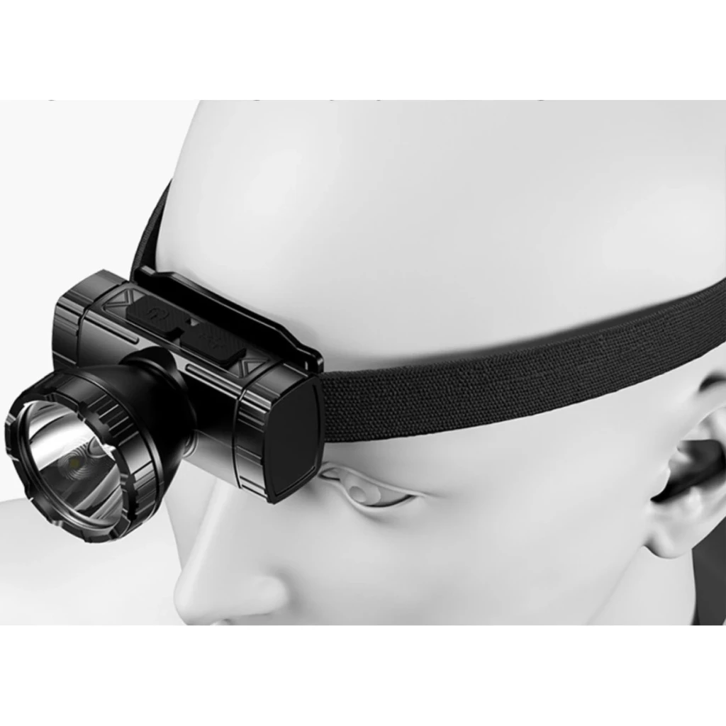 Linterna frontal LED Superfire HL96 Negro Recargable 100lm 220 m, en uso: colocada en maniquí, cinta elástica negra y foco