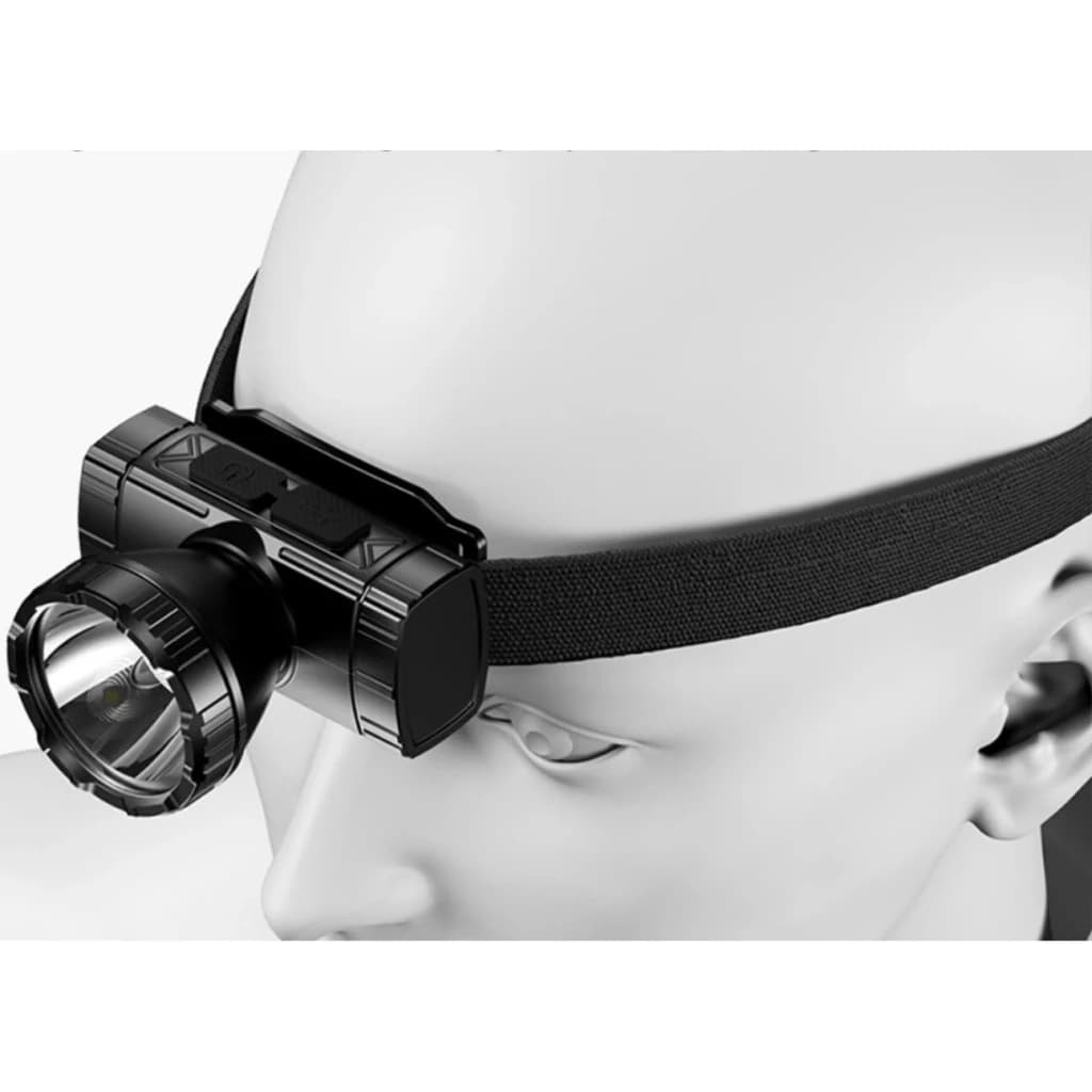 Linterna frontal LED Superfire HL96 Negro Recargable 100lm 220 m, en uso: colocada en maniquí, cinta elástica negra y foco