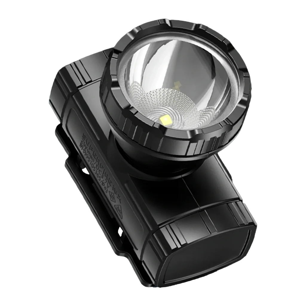 Linterna frontal LED Superfire HL96 Negro Recargable 100lm 220 m, detalle: lente reflectora y chip LED central vistos