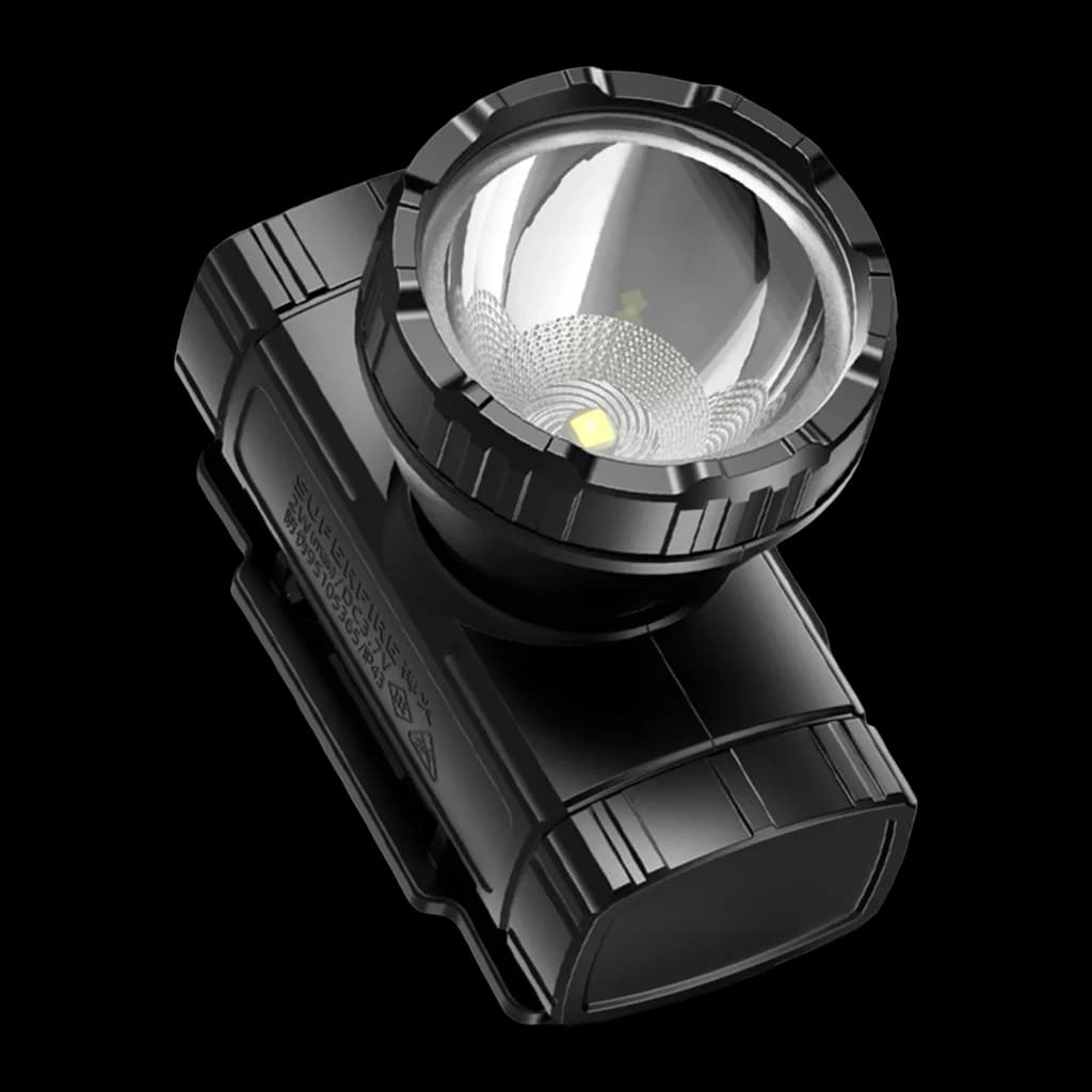 Linterna frontal LED Superfire HL96 Negro Recargable 100lm 220 m, detalle: lente reflectora y chip LED central vistos