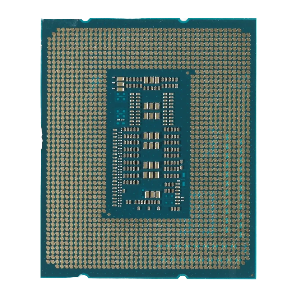 Intel Core i9-13900K 24 Núcleos LGA1700 Tray, vista trasera: matriz de contactos dorados y PCB turquesa con condensadores