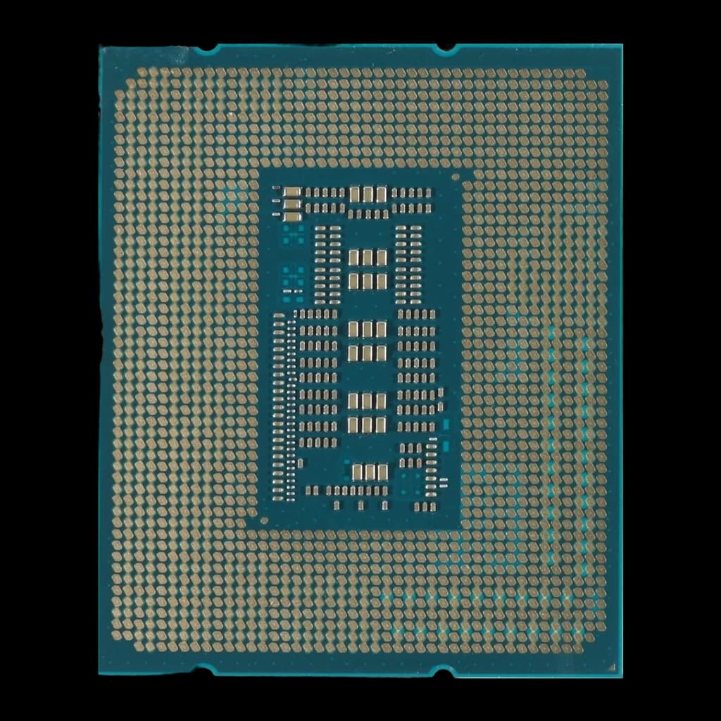 Intel Core i9-13900K 24 Núcleos LGA1700 Tray, vista trasera: matriz de contactos dorados y PCB turquesa con condensadores