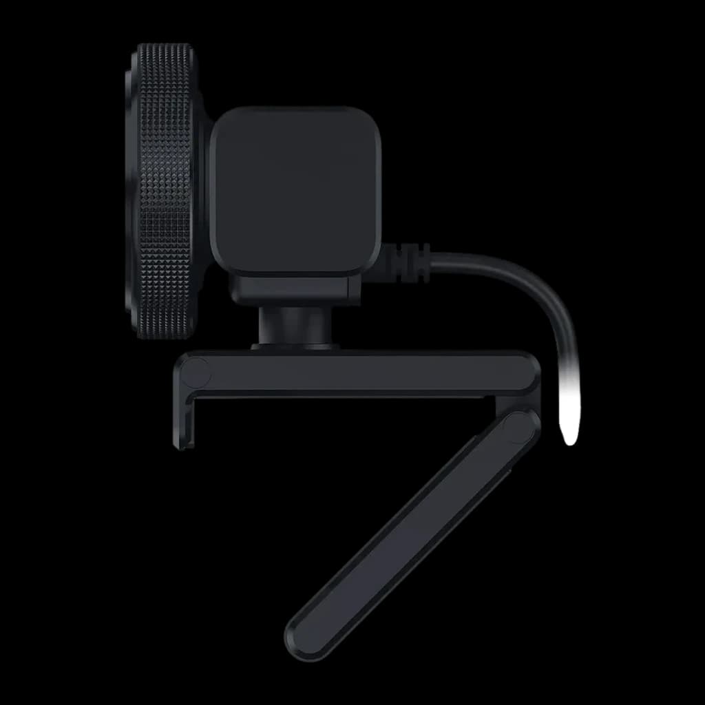 Webcam Razer Kiyo V2 X 2K (1440p) Micrófono 60fps USB 2.0 Negro, detalle lateral: soporte clip, articulación y cable USB