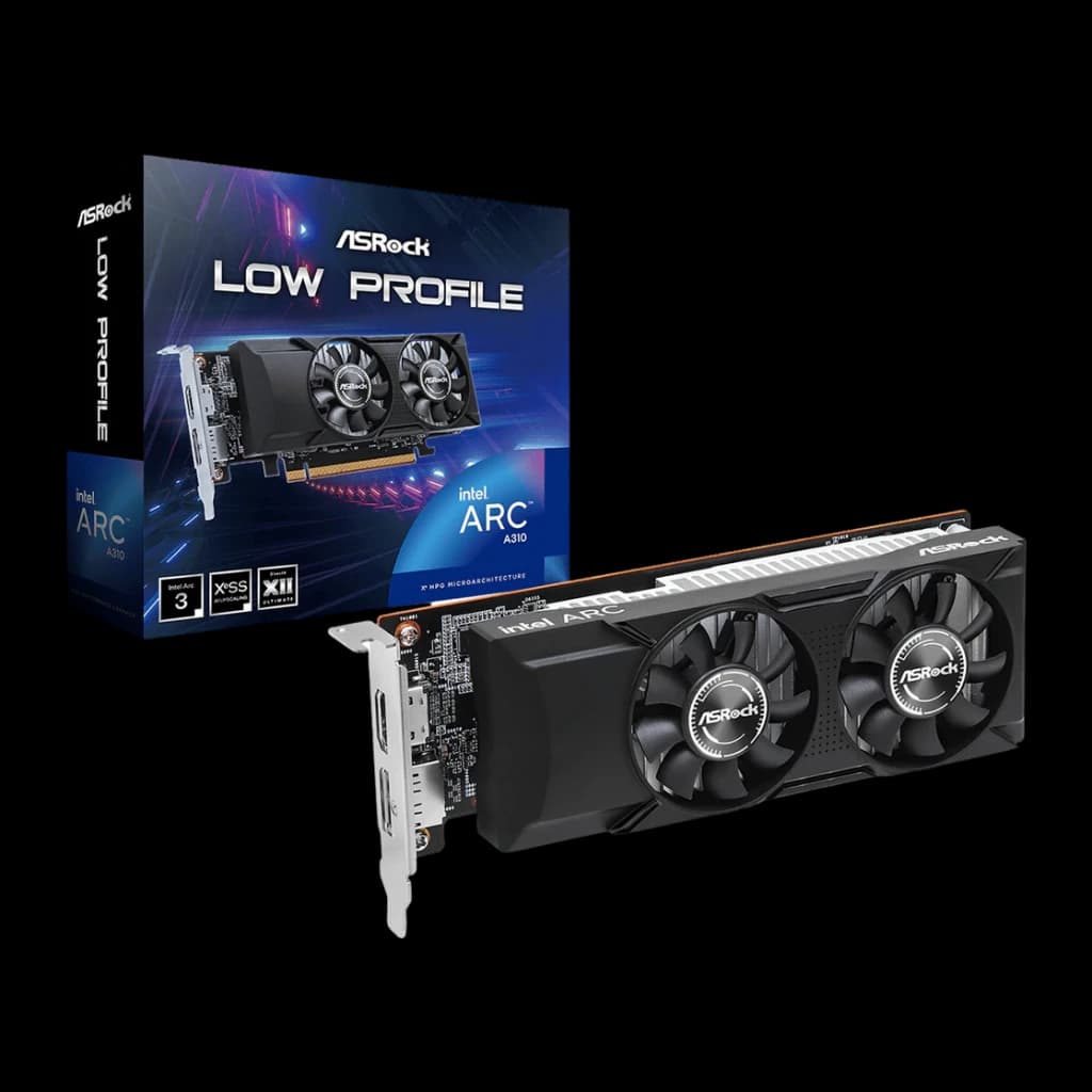 ASRock Arc A310 Low Profile 4 Go GDDR6 Noir, vue de face: carte avec double ventilateur et boîte du produit