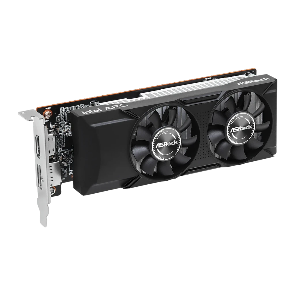 ASRock Arc A310 Low Profile 4 Go GDDR6 Noir, détail: double ventilateur ASRock, bande orange et ports HDMI sur équerre