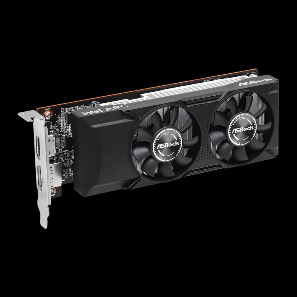 ASRock Arc A310 Low Profile 4 Go GDDR6 Noir, détail: double ventilateur ASRock, bande orange et ports HDMI sur équerre
