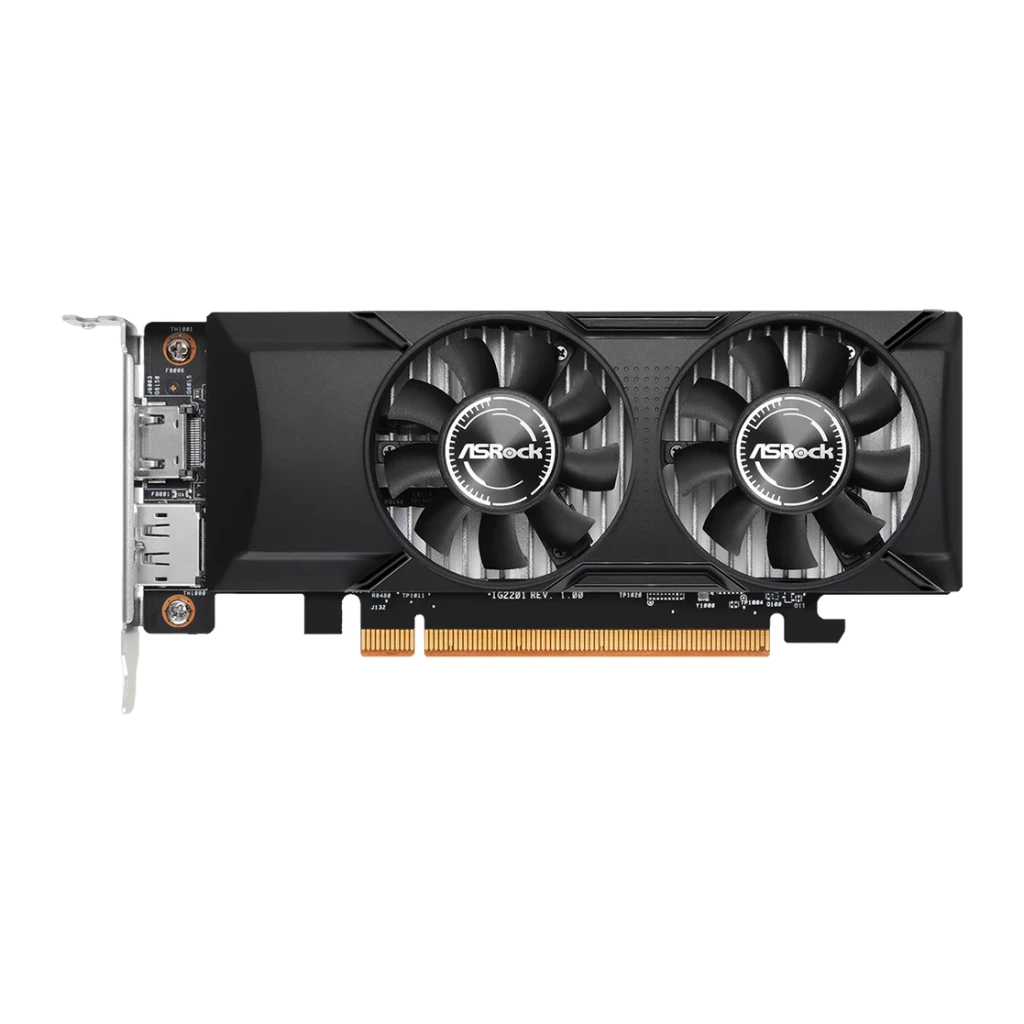 ASRock Arc A310 Low Profile 4 Go GDDR6 Noir, détail: vue de face avec double ventilateur ASRock, équerre et sorties HDMI