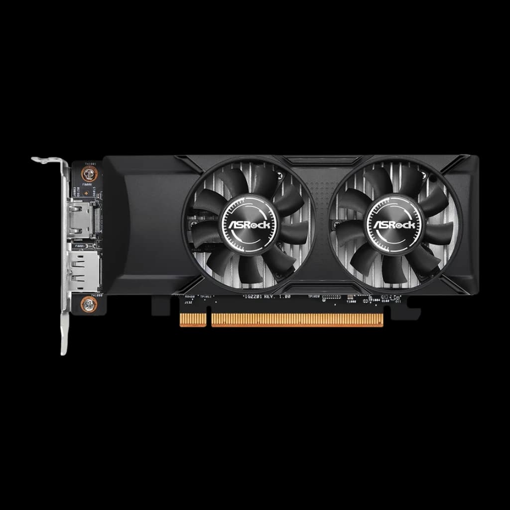 ASRock Arc A310 Low Profile 4 Go GDDR6 Noir, détail: vue de face avec double ventilateur ASRock, équerre et sorties HDMI