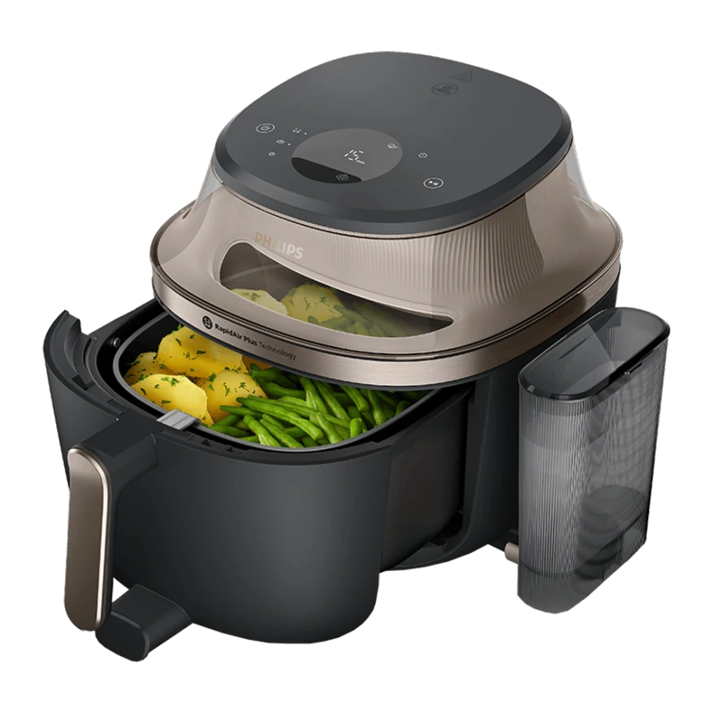Fritadeira de Ar Philips Airfryer Série 5000 NA547 com Vapor 7,2L 2000W 12 programas Preto, detalhe: cesto aberto com feijão