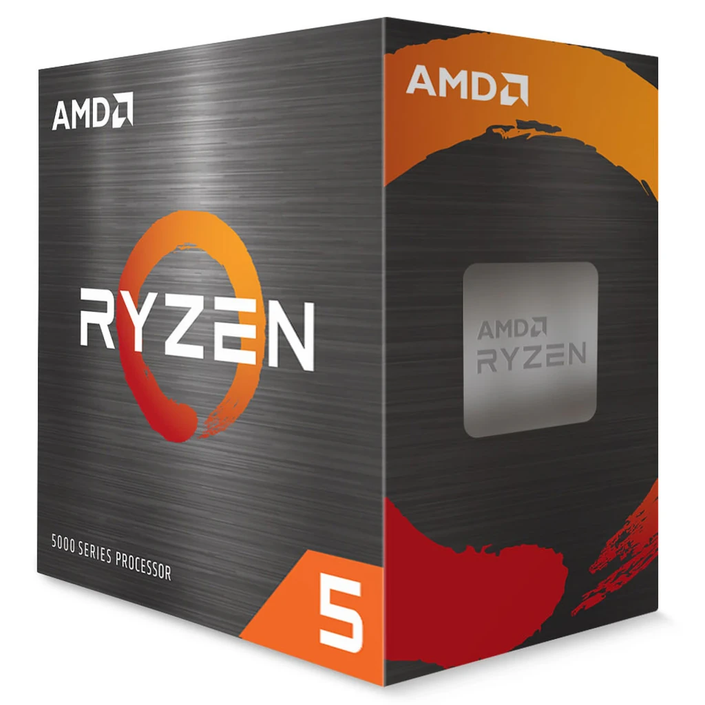 AMD Ryzen 5 5500F 6 Núcleos AM4 Box, contenido de la caja: caja retail gris con logo Ryzen naranja y lateral AMD Ryzen