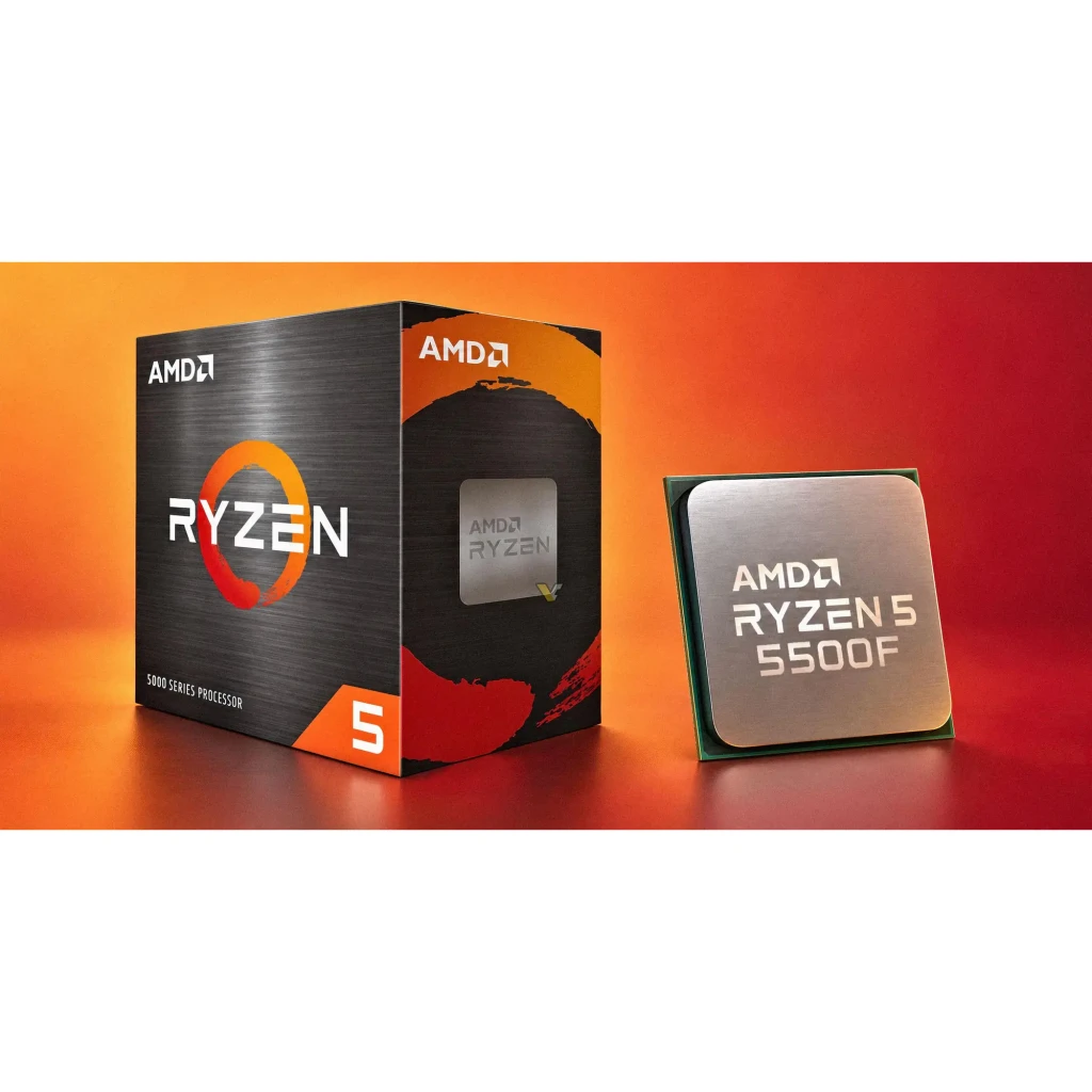AMD Ryzen 5 5500F 6 Núcleos AM4 Box, en uso: caja negra junto al procesador IHS metálico sobre fondo naranja