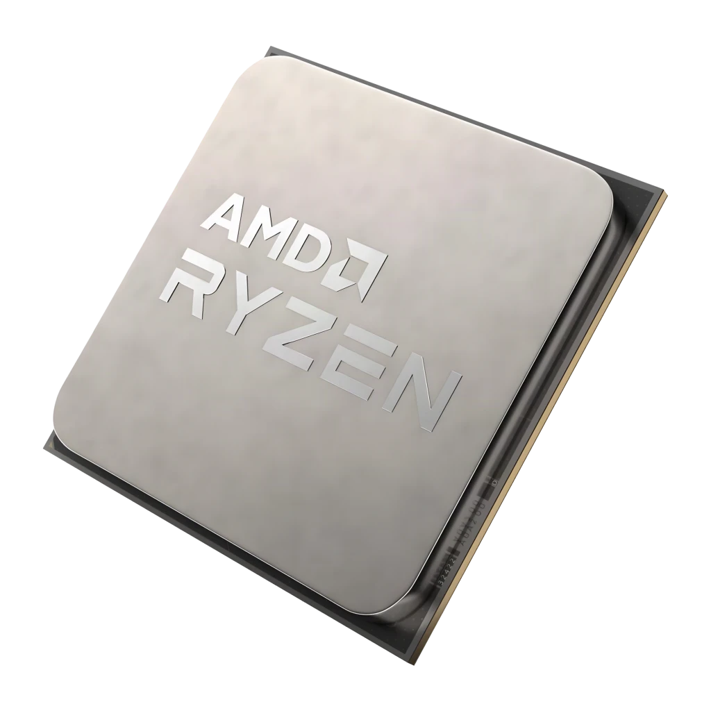 AMD Ryzen 5 5500F 6 Núcleos AM4 Box, detalle: IHS metálico en perspectiva con logo AMD Ryzen grabado
