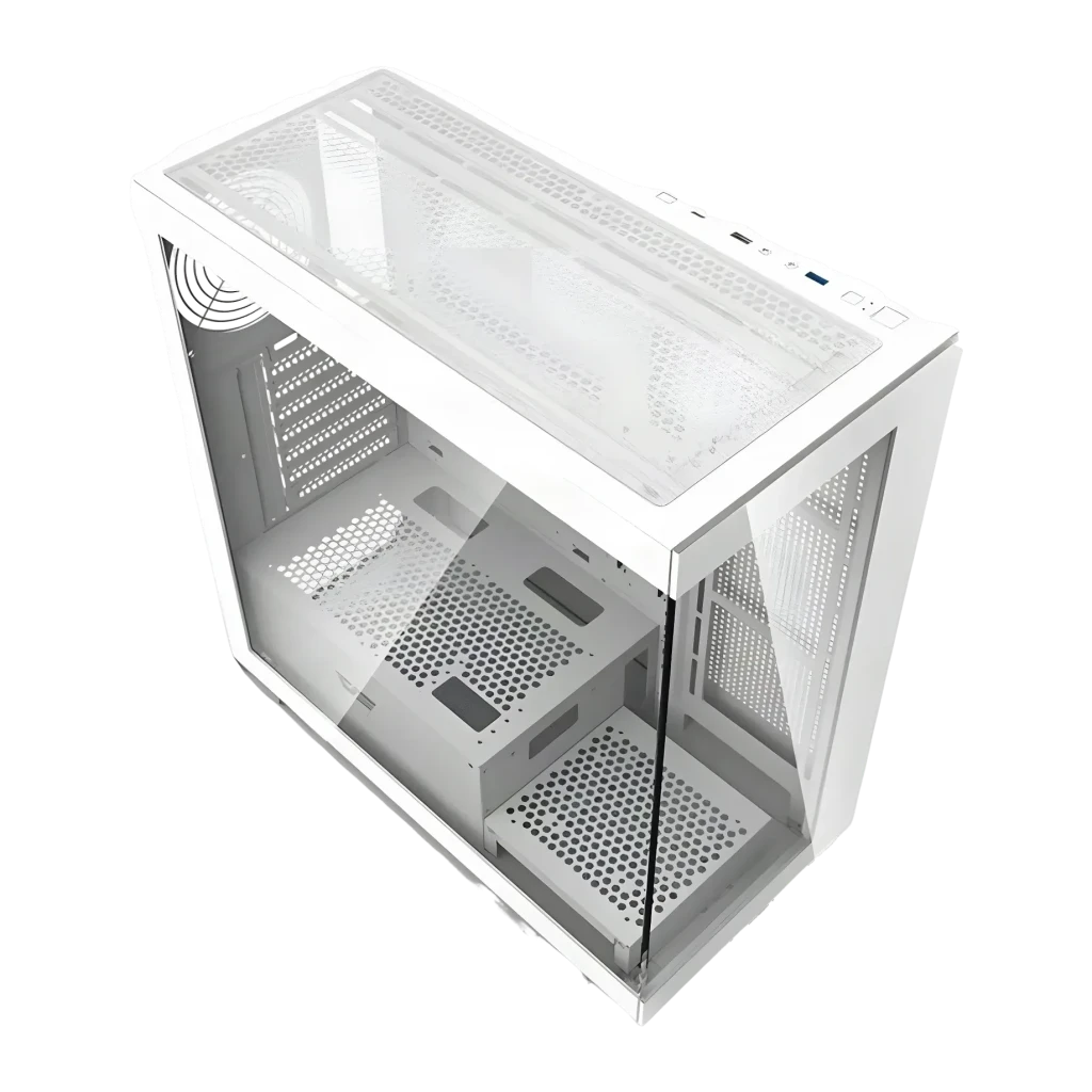 Boîtier PC Darkflash DS900 Double Panneau Verre Trempé ATX Radiateur 360 mm Blanc, détail: vue supérieure en angle