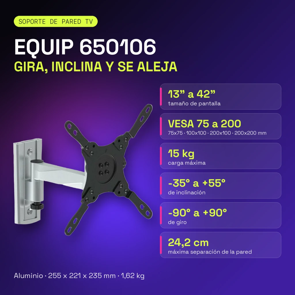 Support TV Equip Aluminium/Noir Mural Articulé 13 pouces-42 pouces VESA 200x200mm 650106, infographie: fiche technique, bras