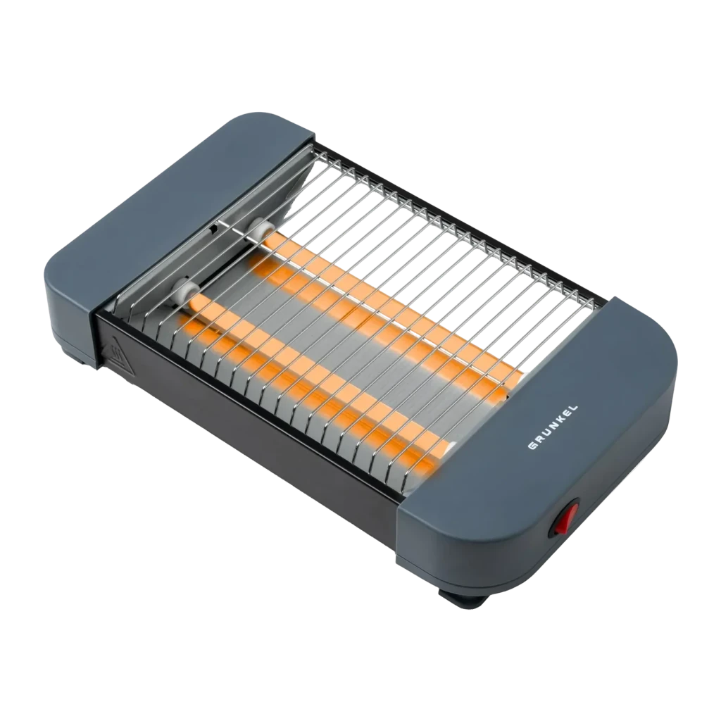 Tostadora Grunkel 300W 2 rebanadas Gris TSP-MINISIZE, vista frontal: resistencias naranjas encendidas, rejilla metálica