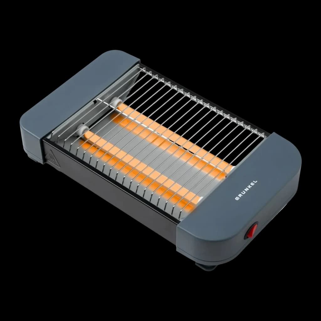 Tostadora Grunkel 300W 2 rebanadas Gris TSP-MINISIZE, vista frontal: resistencias naranjas encendidas, rejilla metálica