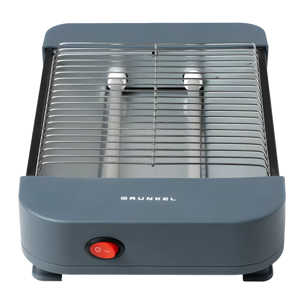 Tostadora Grunkel 300W 2 rebanadas Gris TSP-MINISIZE, detalle: rejilla metálica cromada, resistencias y botón rojo