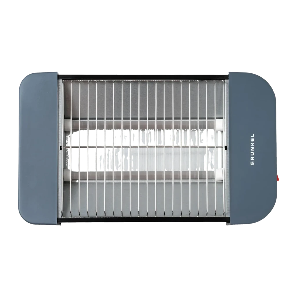 Tostadora Grunkel 300W 2 rebanadas Gris TSP-MINISIZE, detalle superior: rejilla metálica y resistencias internas visibles