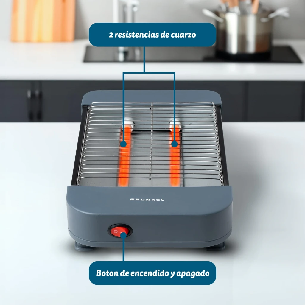 Tostadora Grunkel 300W 2 rebanadas Gris TSP-MINISIZE, detalle: 2 resistencias de cuarzo encendidas y botón de encendido