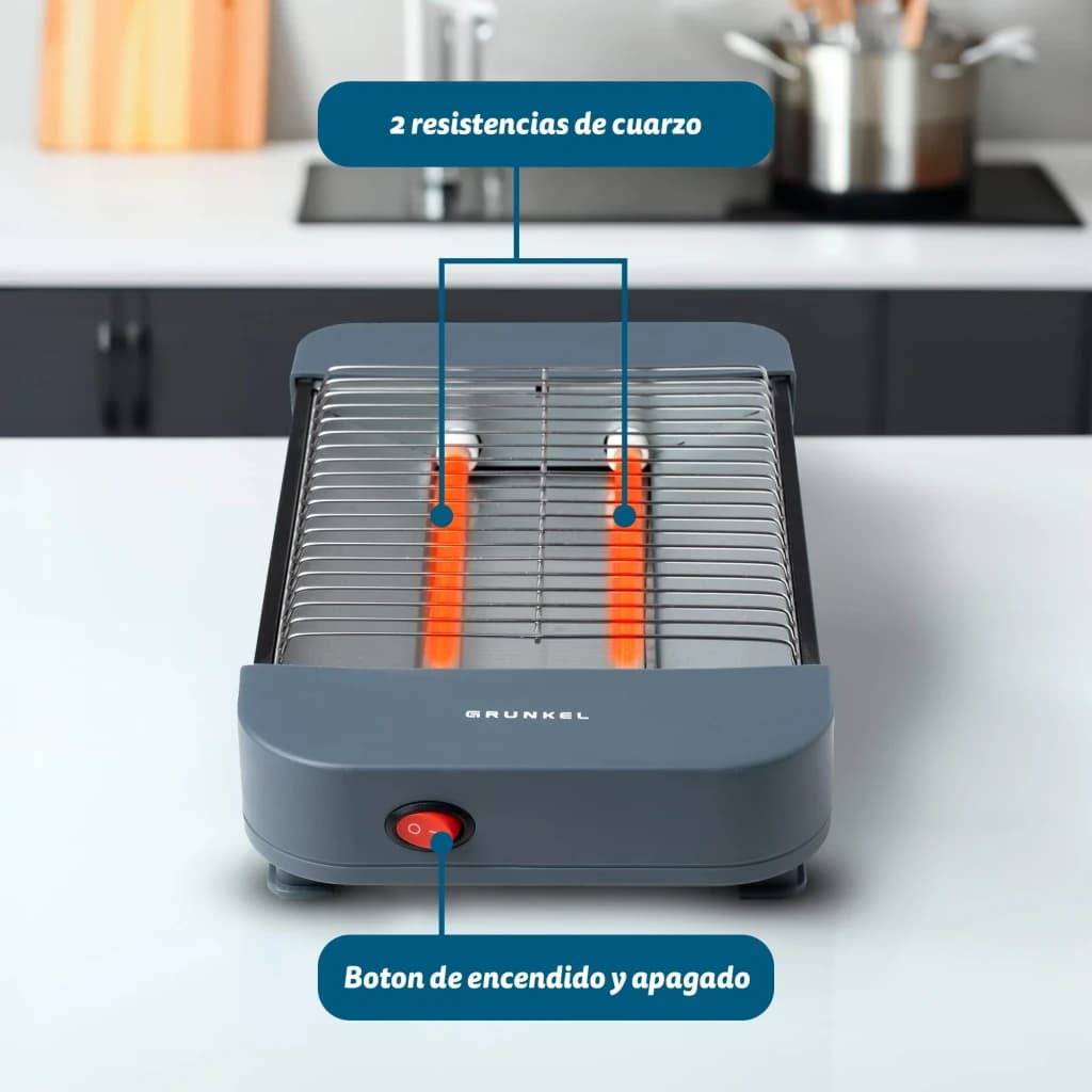 Tostadora Grunkel 300W 2 rebanadas Gris TSP-MINISIZE, detalle: 2 resistencias de cuarzo encendidas y botón de encendido