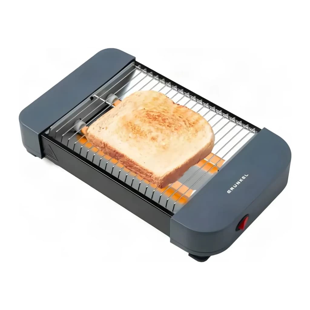 Tostadora Grunkel 300W 2 rebanadas Gris TSP-MINISIZE, en uso: rebanada tostada sobre rejilla plana con resistencias naranjas