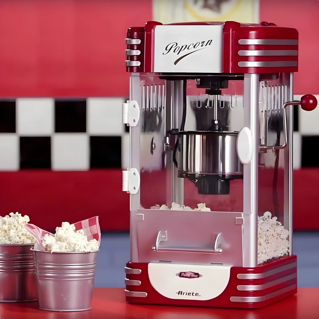Máquina de pipocas Ariete Pop Corn XL Party Time 2953 2,4L 310W Vermelho/Branco em uso: vista frontal em cenário retro