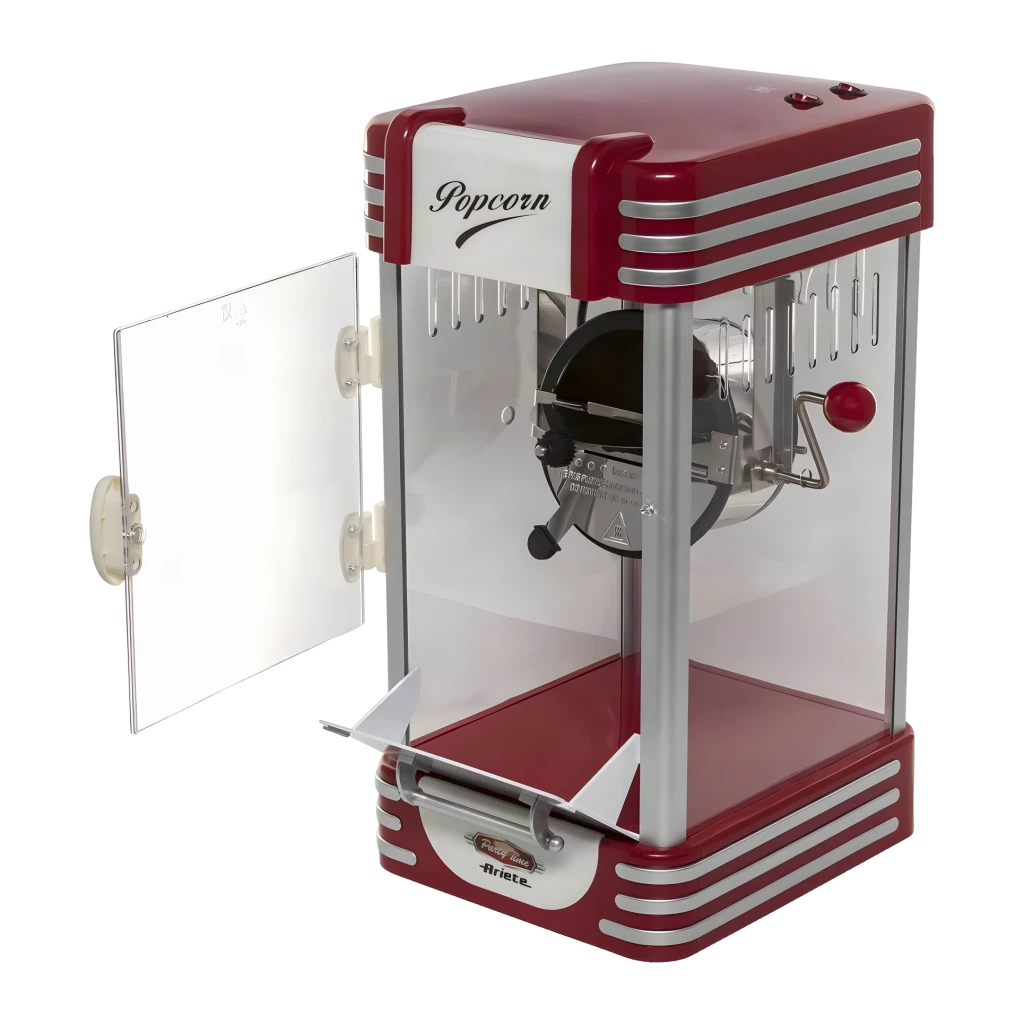 Máquina de pipocas Ariete Pop Corn XL Party Time 2953 2,4L 310W Vermelho/Branco, detalhe: porta lateral aberta mostrando