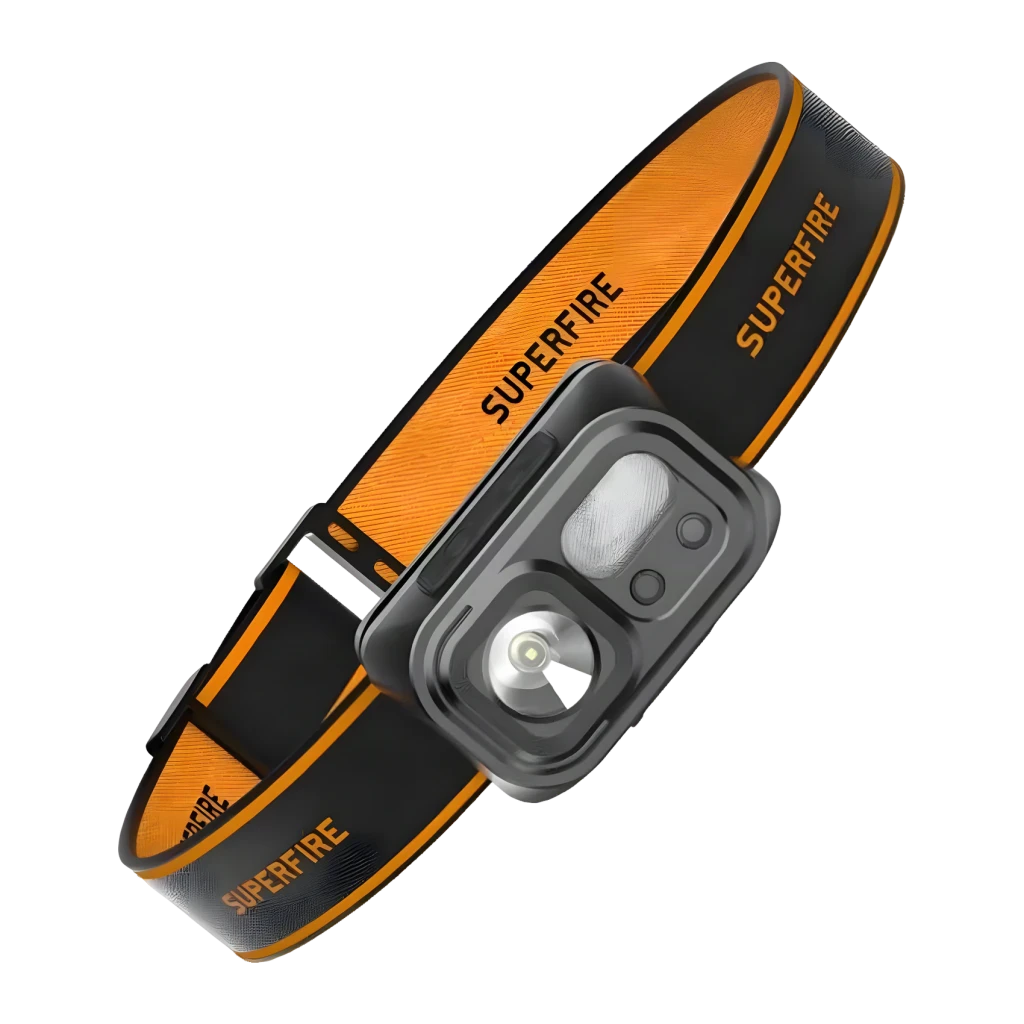 Lampe frontale Superfire Noir Rechargeable USB-C 350 lumens 120 m HL23-S, vue frontale: boîtier gris avec LED principale