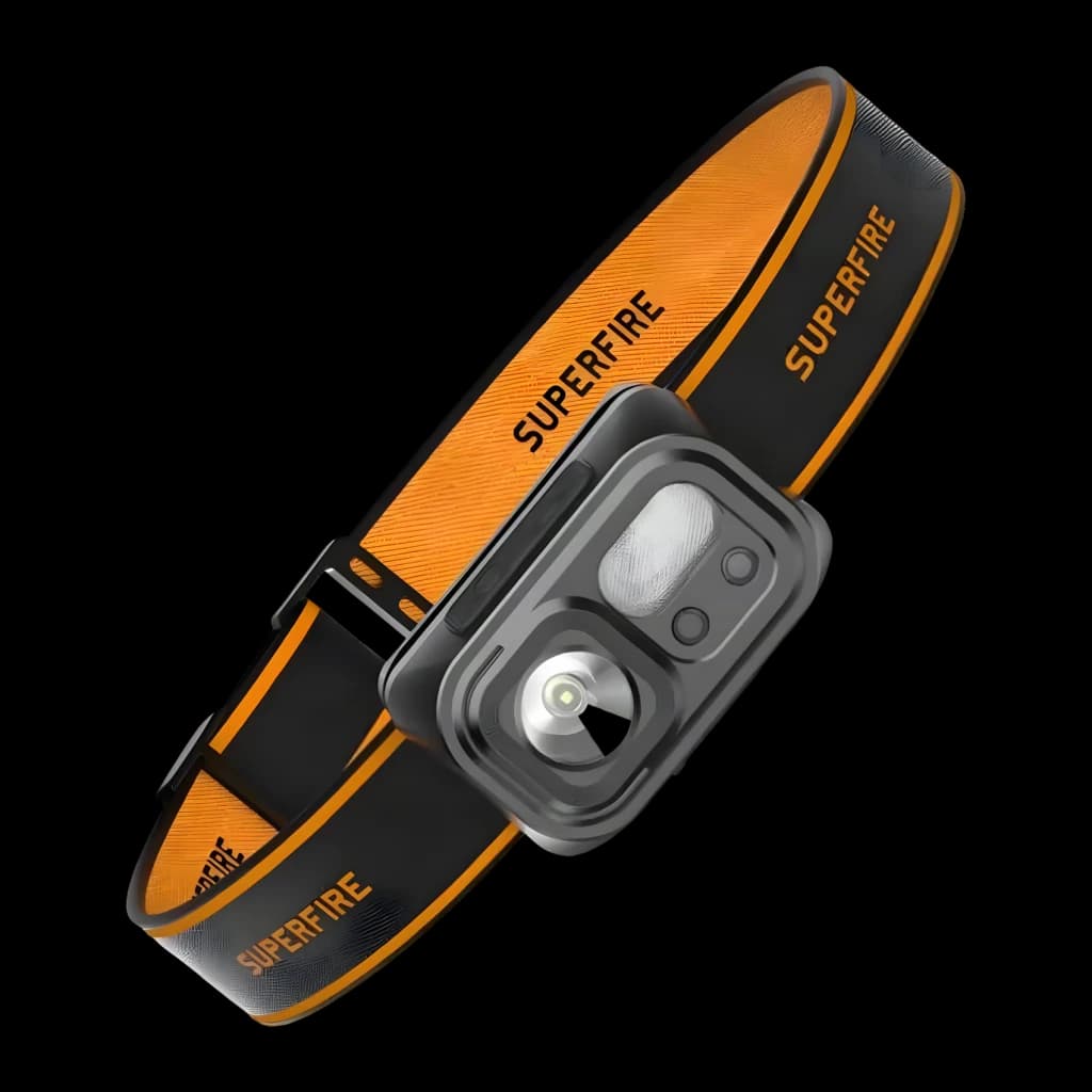 Lampe frontale Superfire Noir Rechargeable USB-C 350 lumens 120 m HL23-S, vue frontale: boîtier gris avec LED principale