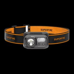 Lampe frontale Superfire Noir Rechargeable USB-C 350 lumens 120 m HL23-S, détail avant: module lumineux, capteur et sangle