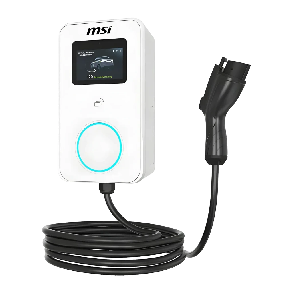 Cargador para Coche Eléctrico MSI EVSE EZwall Premium Max OCPP Blanco 22kW, vista frontal: pantalla LCD, botón circular