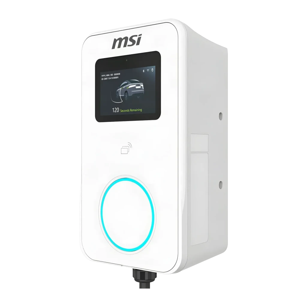 Cargador para Coche Eléctrico MSI EVSE EZwall Premium Max OCPP Blanco 22kW, detalle: pantalla táctil activa, lector NFC