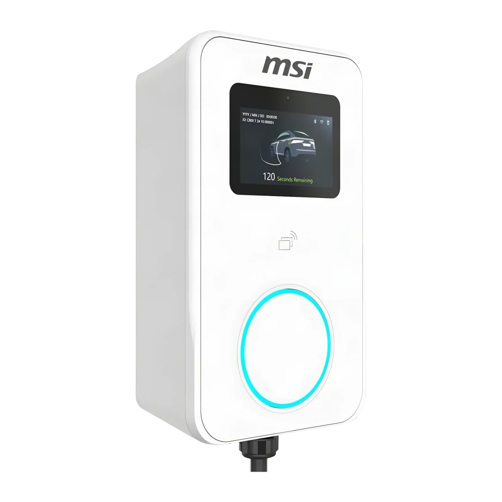 Cargador para Coche Eléctrico MSI EVSE EZwall Premium Max OCPP Blanco 22kW, detalle: pantalla táctil activa, lector RFID