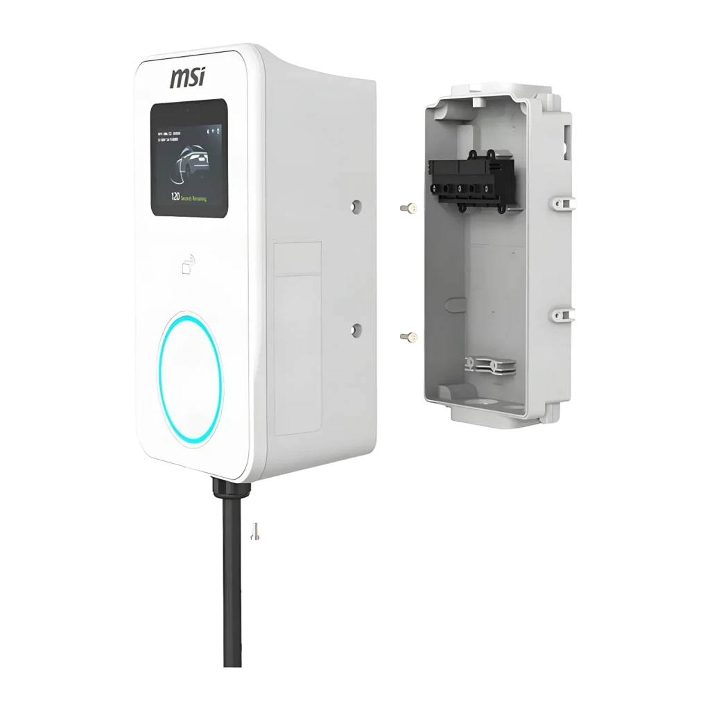 Cargador para Coche Eléctrico MSI EVSE EZwall Premium Max OCPP Blanco 22kW, detalle: caja de instalación trasera abierta