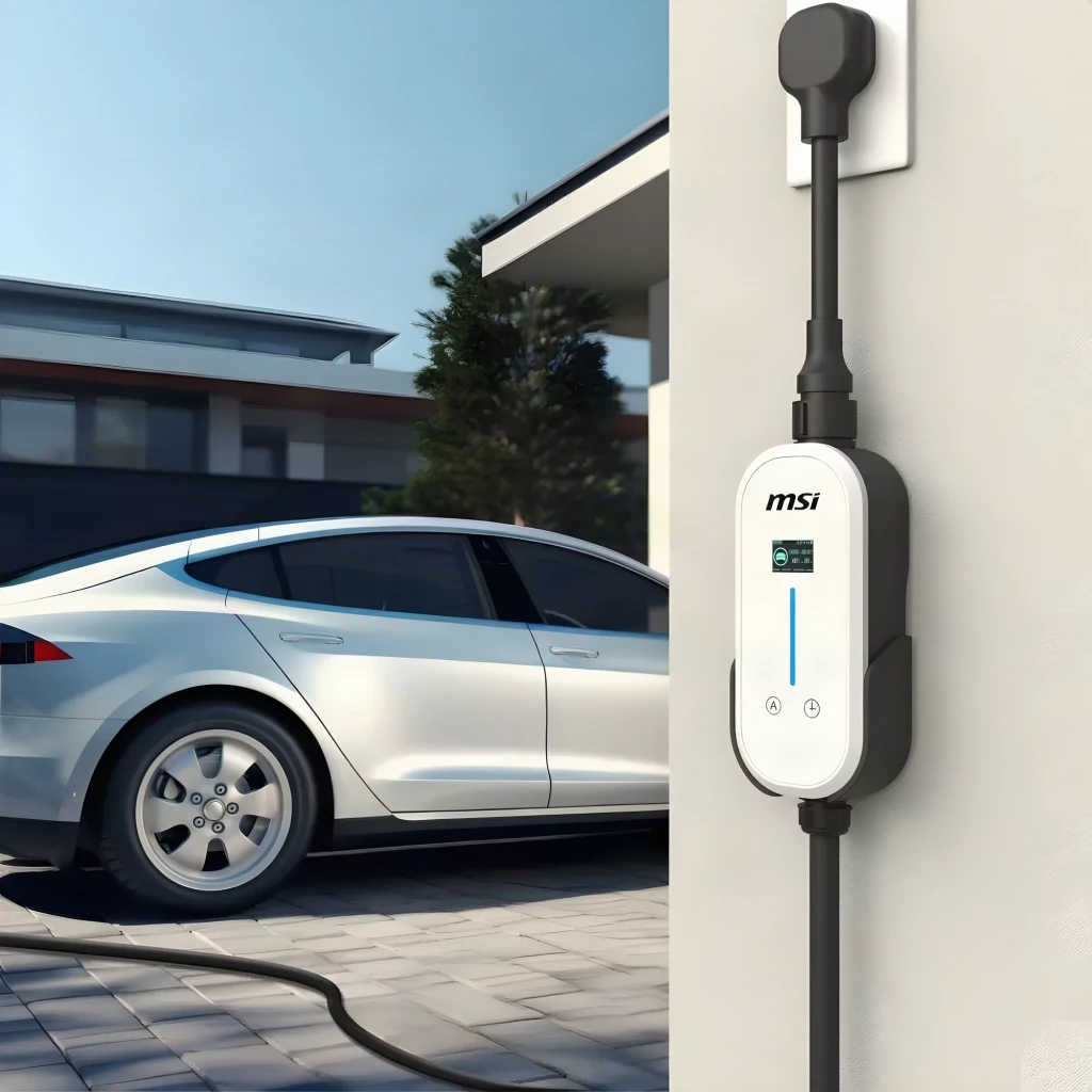Carregador para Carro Elétrico e Híbridos Plug-in MSI EVSE EZgo 3.6kW 16A Portable Charger White, em uso: carregador branco