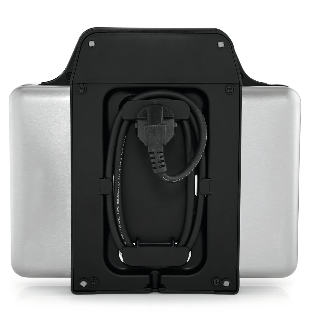 Sandwichera WMF Lono 800W 2 sándwiches Plata, vista inferior: compartimento de almacenamiento de cable enrollado en base