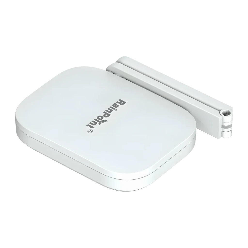 Gateway WiFi RainPoint USB Tipo C 5V 1A Blanco HWG023WBRF, detalle: vista superior en ángulo con antena desplegada y logo