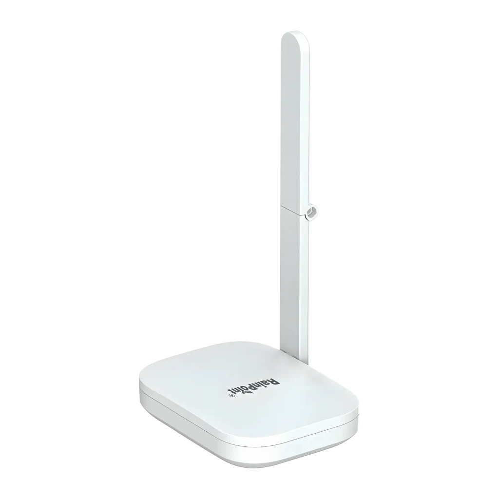 Gateway WiFi RainPoint USB Tipo C 5V 1A Blanco HWG023WBRF, vista trasera: antena vertical articulada y logo RainPoint