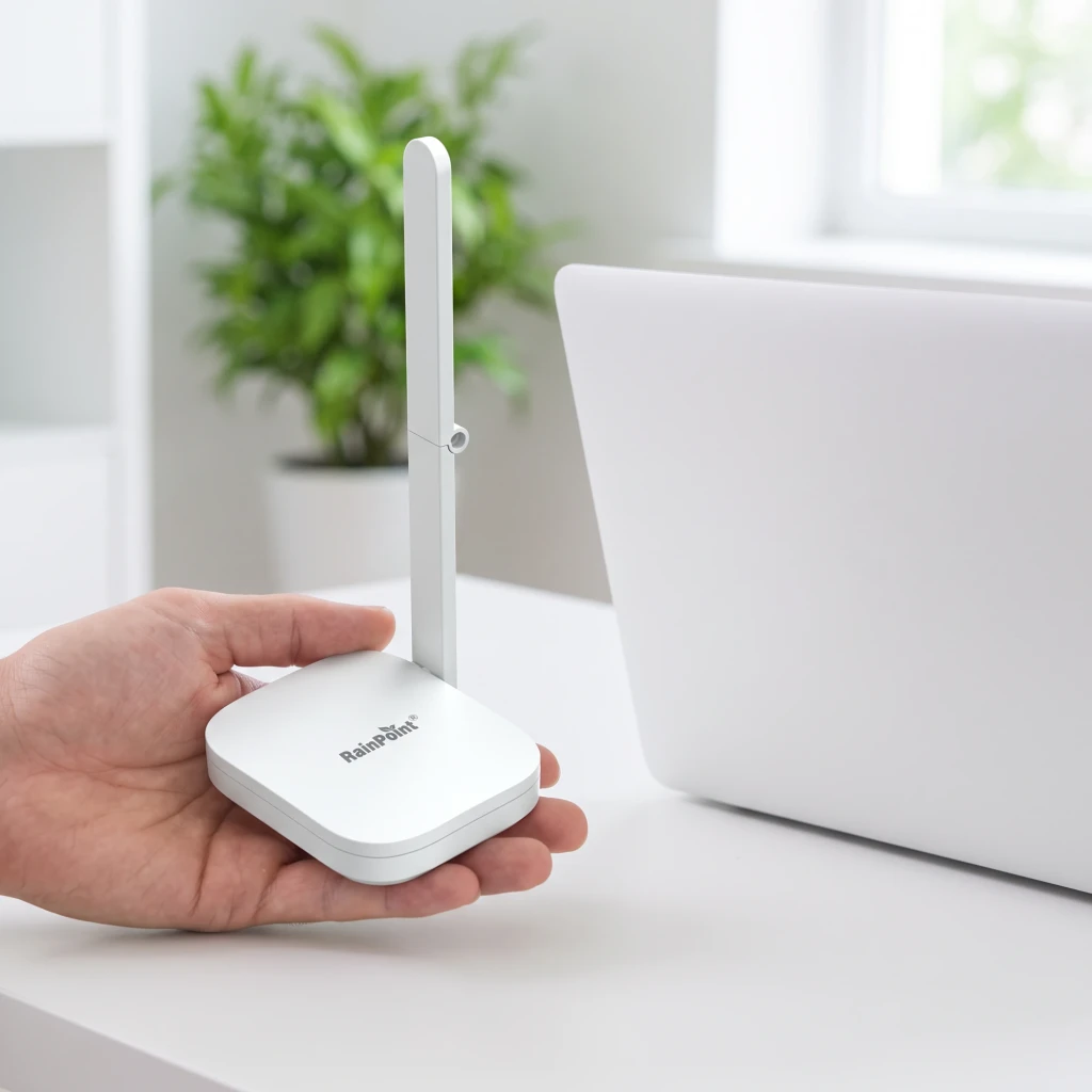 Gateway WiFi RainPoint USB Tipo C 5V 1A Blanco HWG023WBRF, en uso: mano sostiene el dispositivo con antena extendida junto