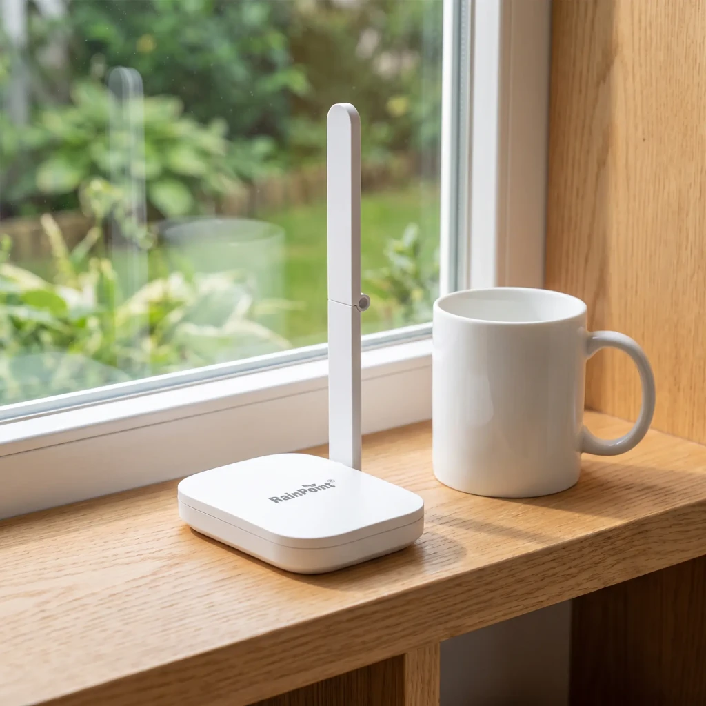 Gateway WiFi RainPoint USB Tipo C 5V 1A Blanco HWG023WBRF, en uso: sobre alféizar de madera junto a taza, antena vertical