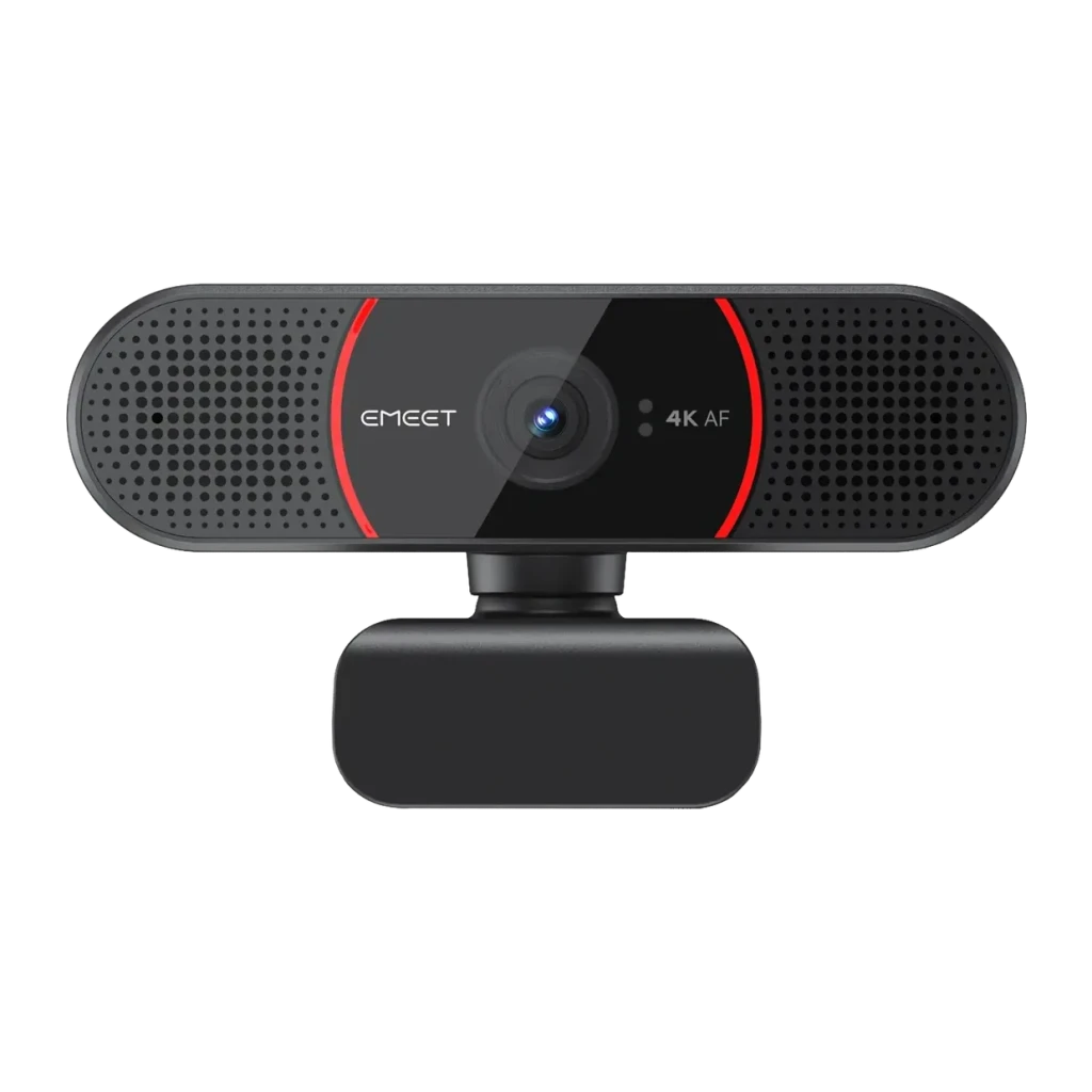 Webcam eMeet C960 4K Noir/Rouge, vue de face: objectif central avec anneau rouge, logo EMEET et grilles de microphone