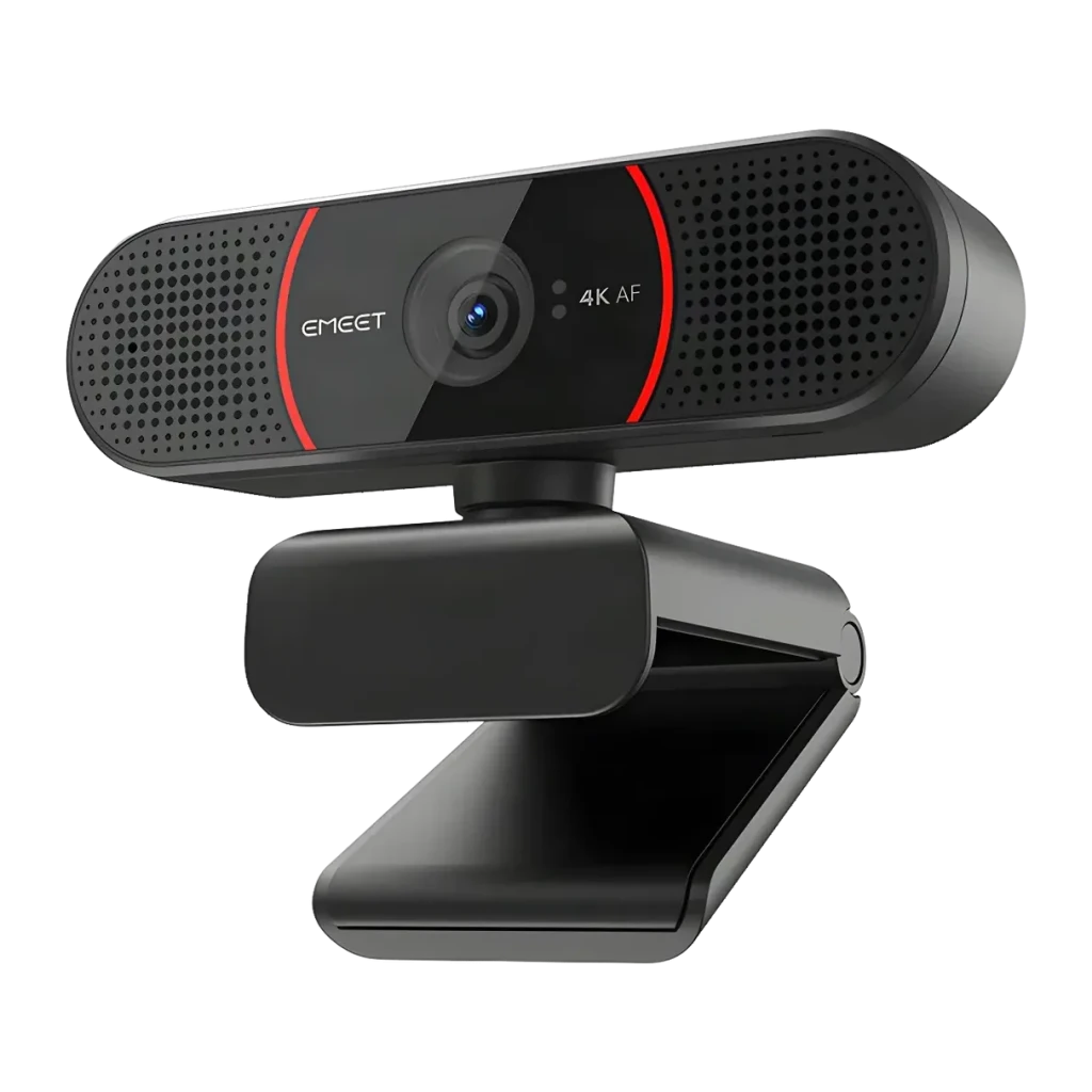 Webcam eMeet C960 4K Noir/Rouge, détail: objectif AF, bande rouge et grilles de microphone sur corps allongé