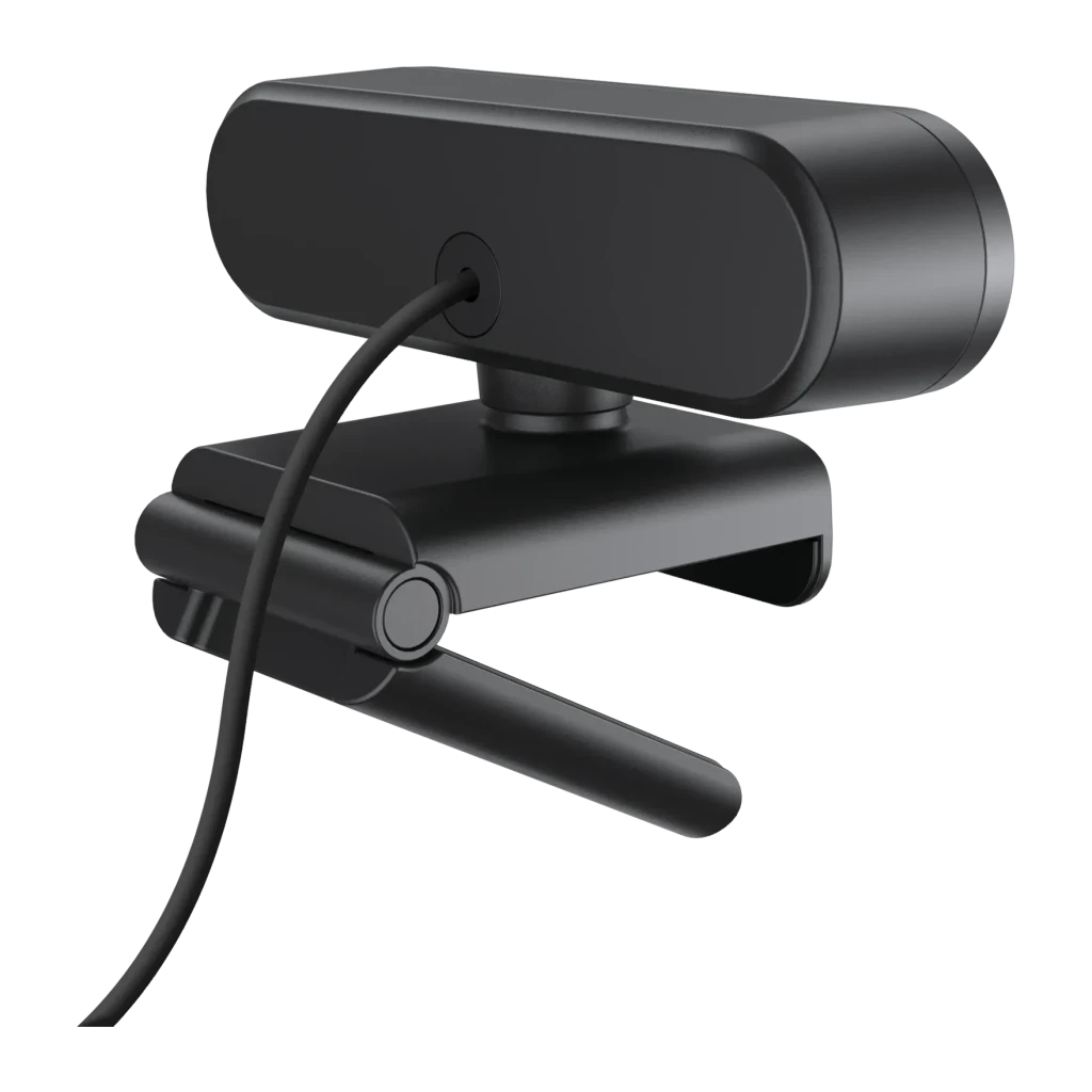 Webcam eMeet C960 4K Noir/Rouge, vue arrière: panneau arrière lisse, câble USB et pince de fixation articulée