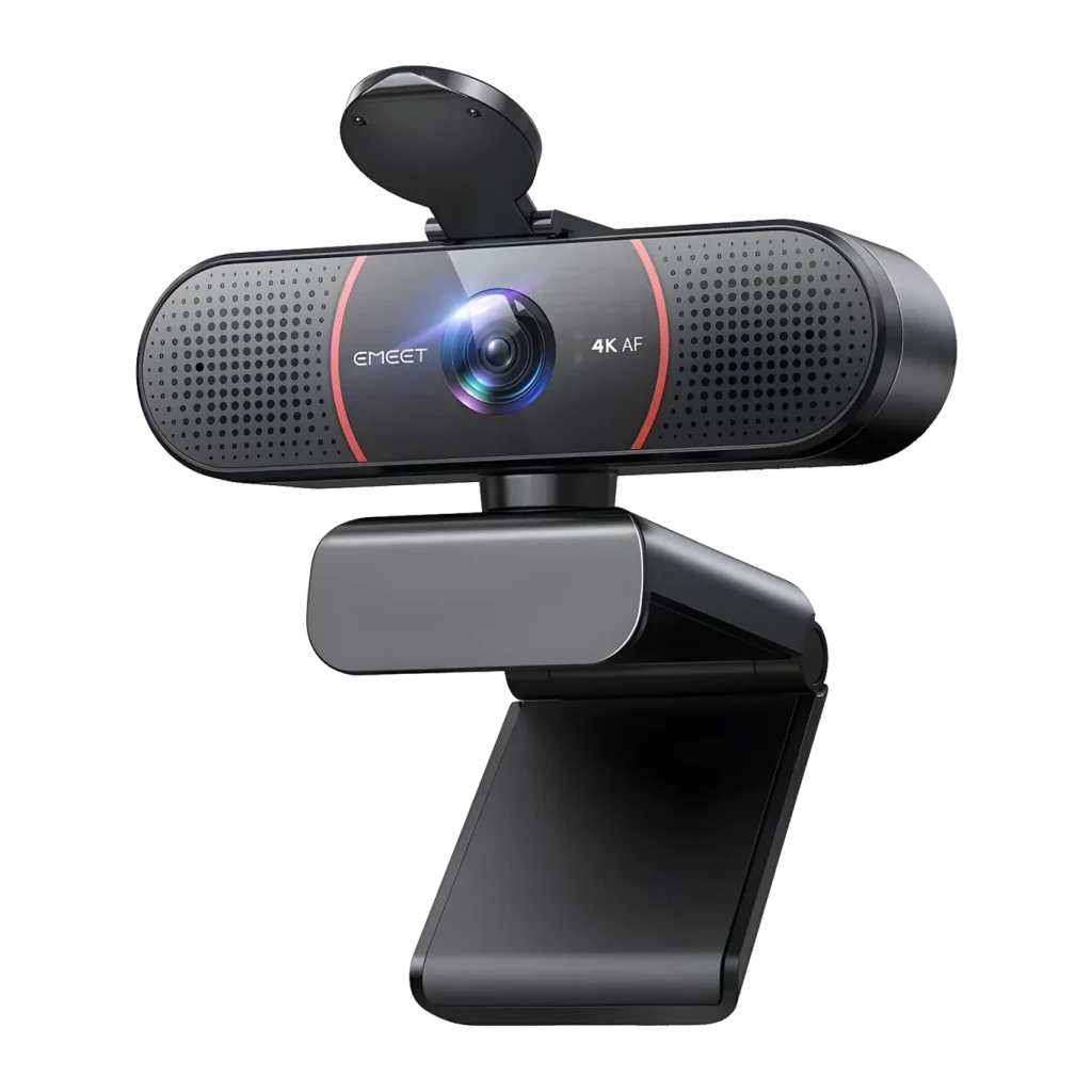 Webcam eMeet C960 4K Noir/Rouge, détail: objectif 4K AF, bandes rouges, cache vie privée et grilles de microphone
