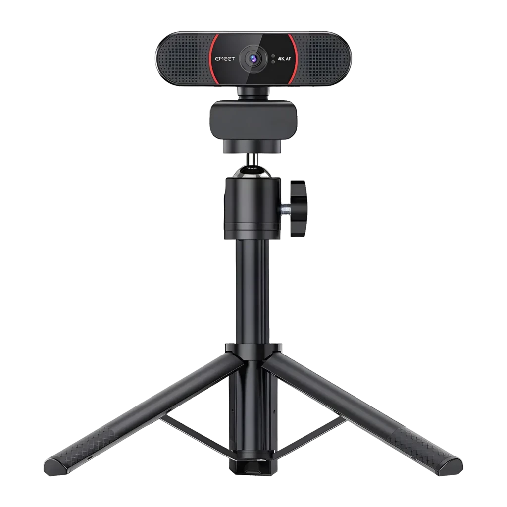 Webcam eMeet C960 4K Noir/Rouge, détail: montée sur trépied noir, objectif central et bande rouge visibles