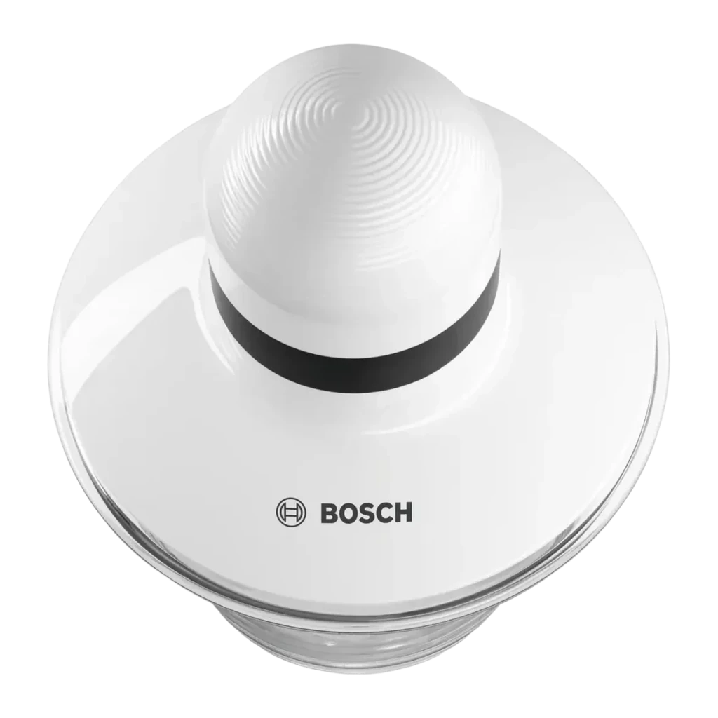 Hachoir Bosch 0,8L 400W Blanc MMR08A1, détail: vue du dessus du couvercle avec bouton strié et logo Bosch