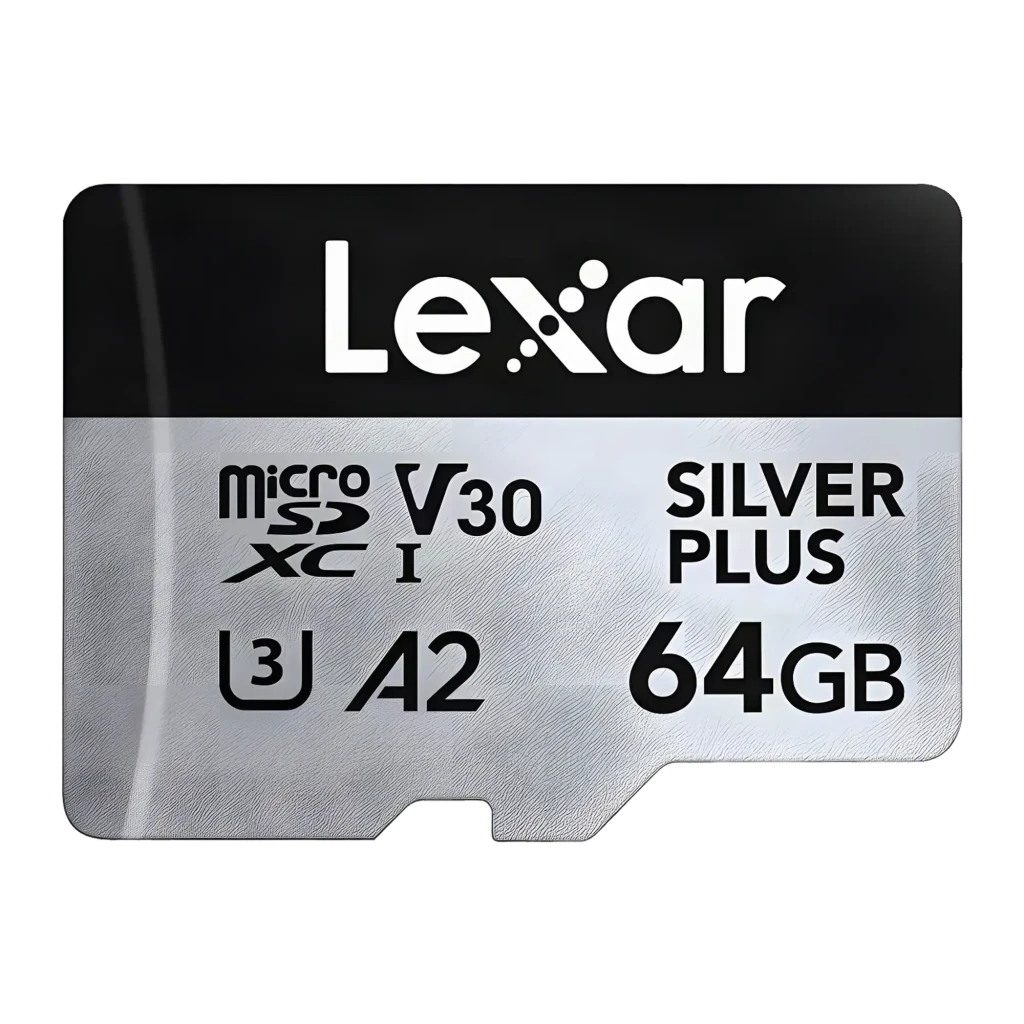 Tarjeta microSD Lexar Professional Silver Plus microSDXC 64GB V30 U3 A2, vista frontal: cuerpo plateado y franja negra